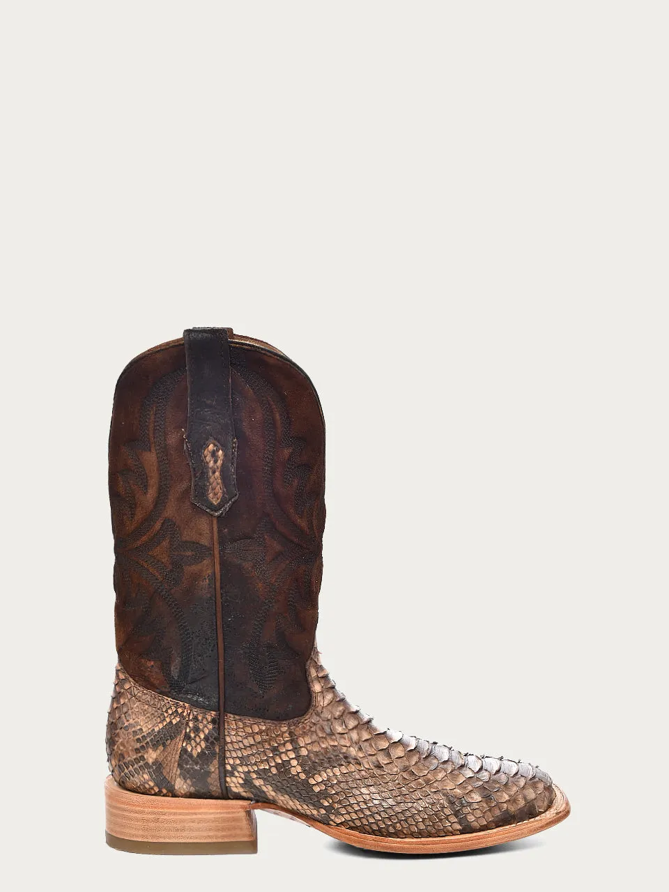 A4499 - MEN'S EMBROIDERY LAMB SHAFT GENUINE BROWN PYTHON VAMP WIDE SQUARE TOE COWBOY BOOT