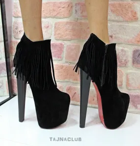 Black Suede Fringe Ankle Boots Platform High Heel Shoes