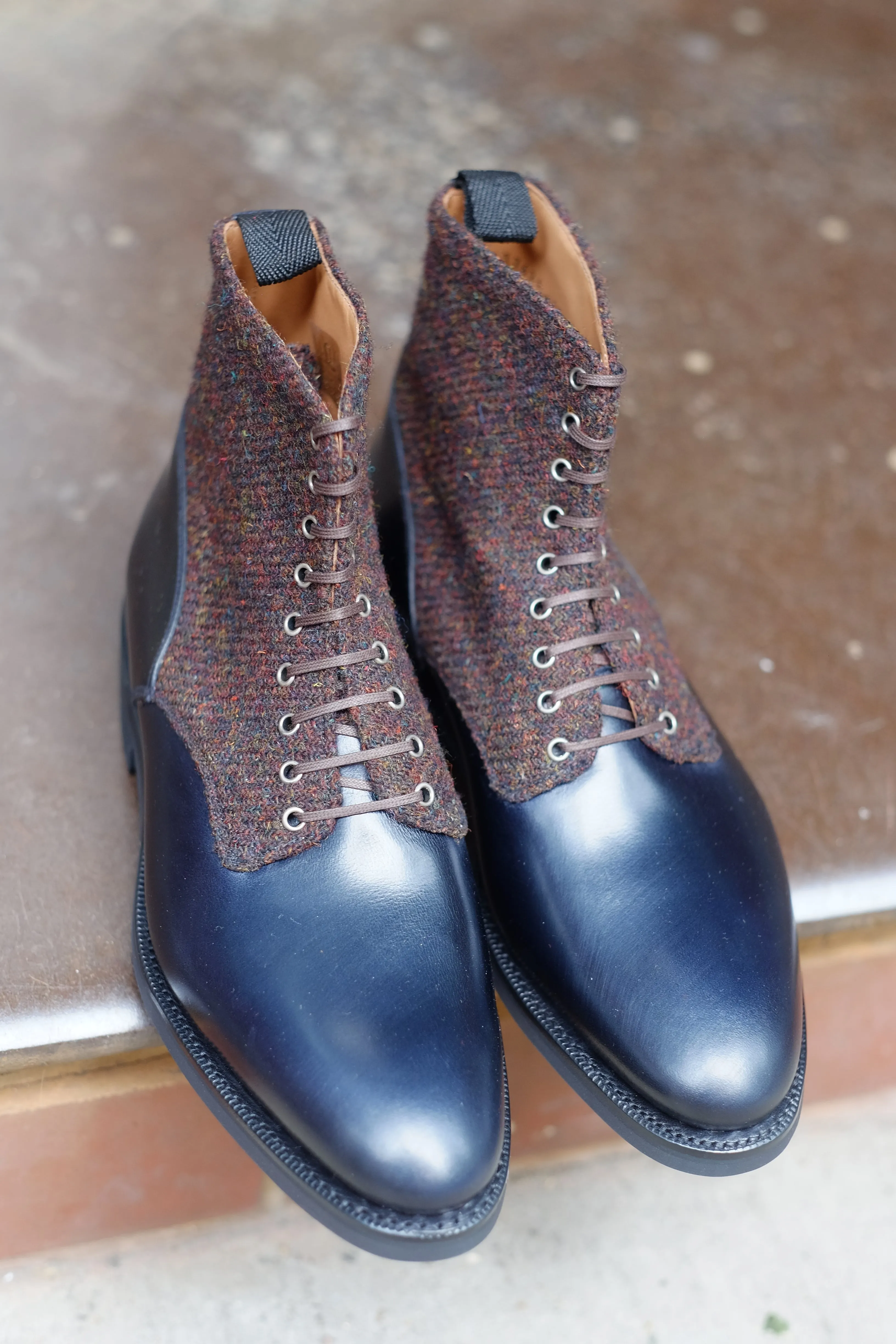 Blaine - MTO - Rugged Navy Calf / Burgundy Medley Tweed - Aged Silver Eyelets (No Speedhooks) - TMG Last - Rugged Rubber Sole