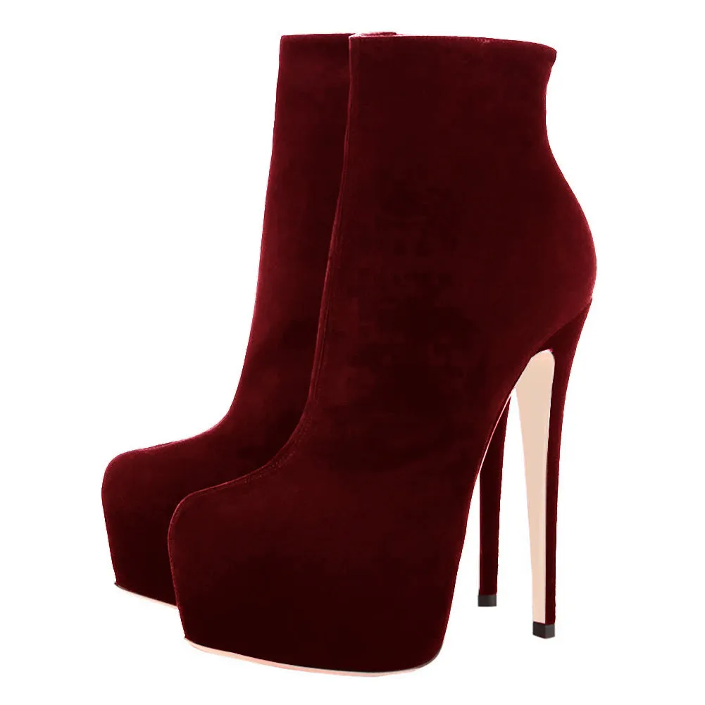 Burgundy Suede Platform Ankle Boots Stiletto Booties