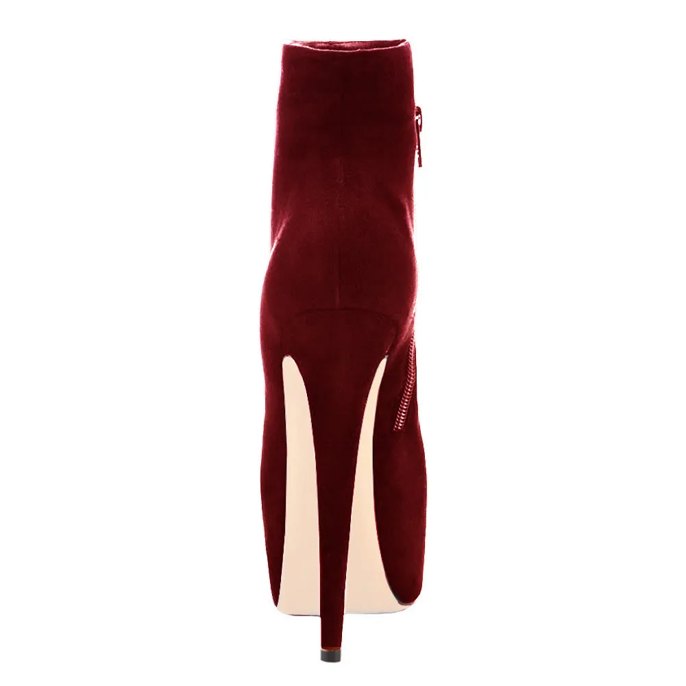 Burgundy Suede Platform Ankle Boots Stiletto Booties