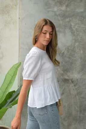 Capable SS White Puff Sleeve Frill Hem Linen Top