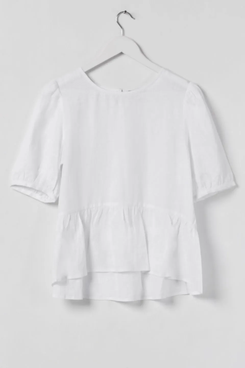 Capable SS White Puff Sleeve Frill Hem Linen Top