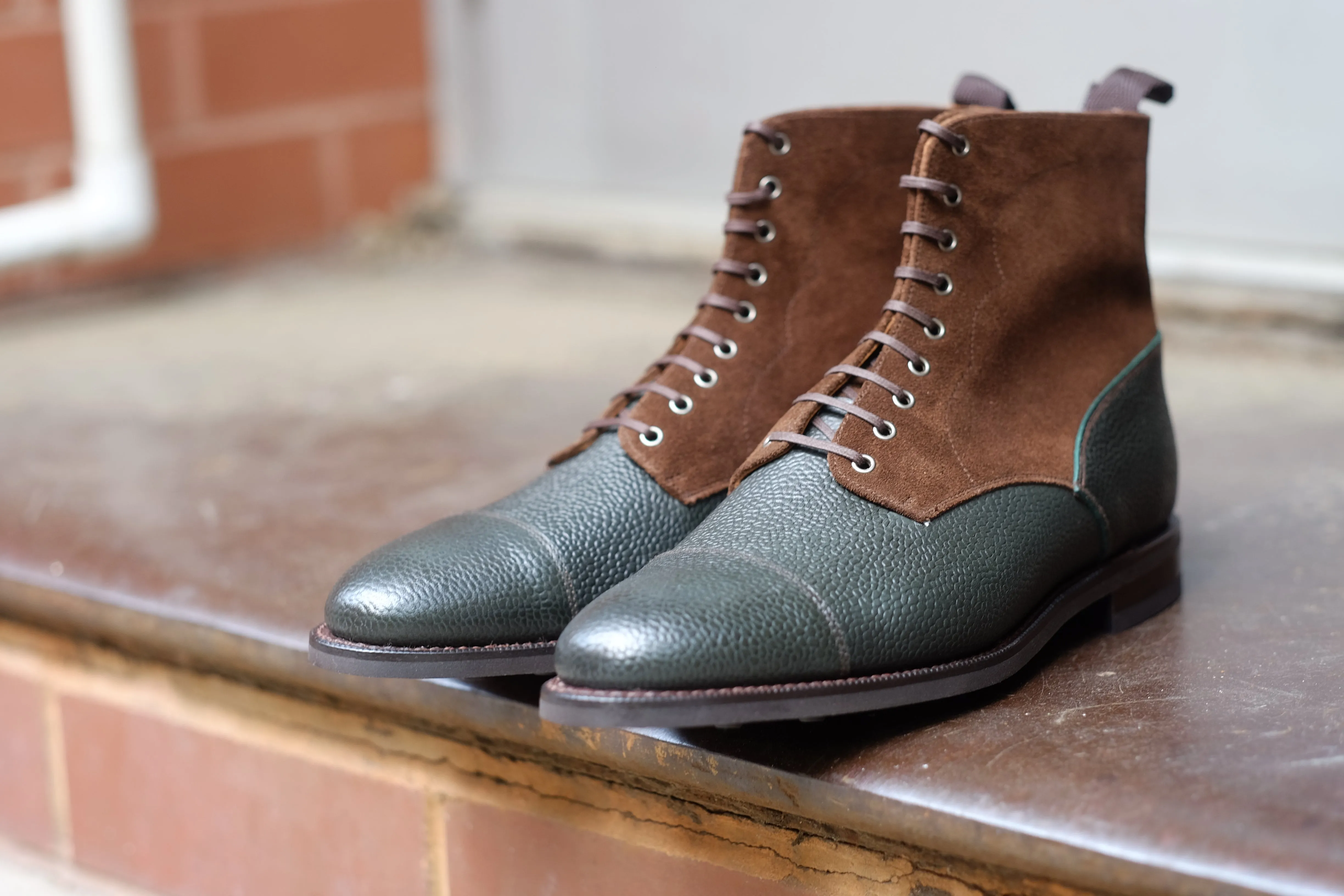 Delridge - MTO - Dark Green Grain / Dark Brown Suede - Aged Silver Eyelets (No Speedhooks)- TMG Last - Rugged Rubber Sole