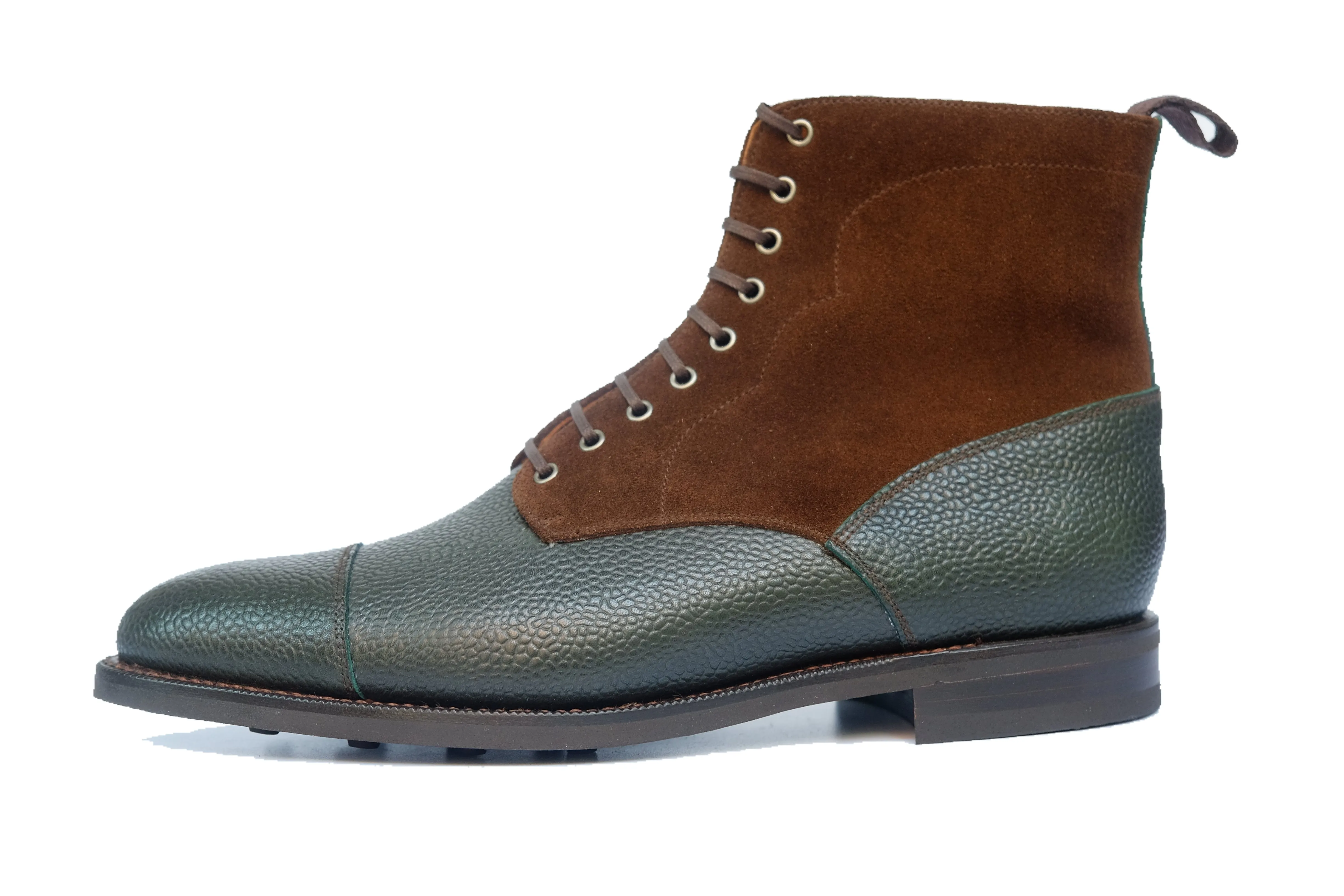 Delridge - MTO - Dark Green Grain / Dark Brown Suede - Aged Silver Eyelets (No Speedhooks)- TMG Last - Rugged Rubber Sole