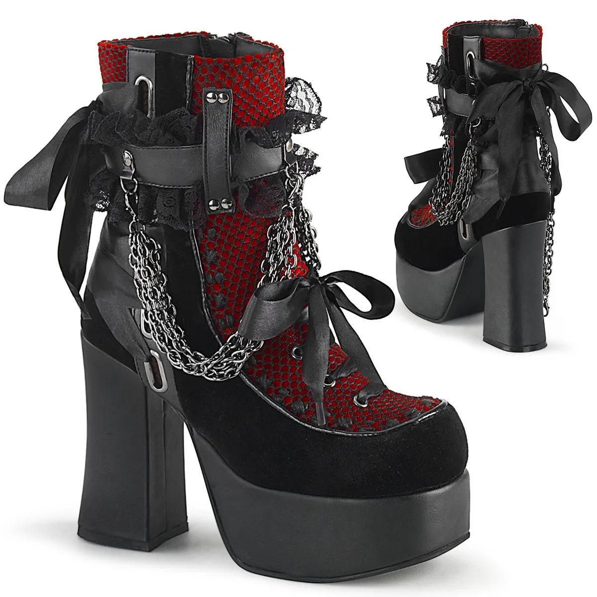 Demonia CHARADE-110 | Blk & Red Velvet Fishnet Cover Ankle Boots