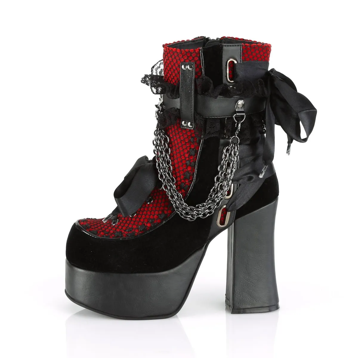 Demonia CHARADE-110 | Blk & Red Velvet Fishnet Cover Ankle Boots