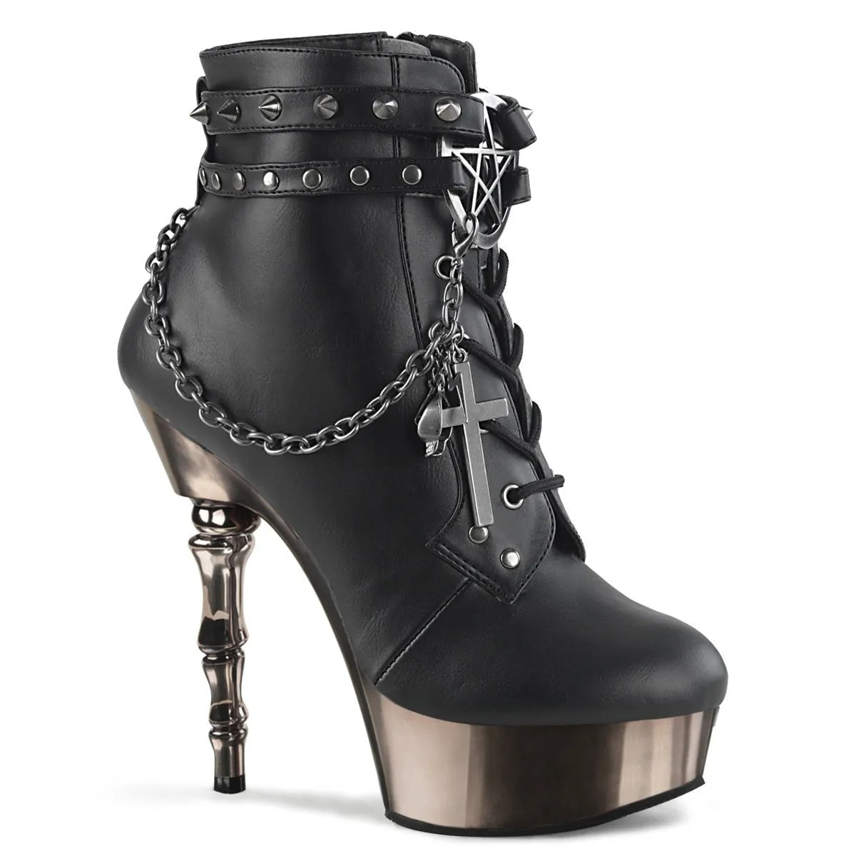 Demonia MUERTO-1001 | Blk Pewter Faux Leather Chrome Ankle Boots