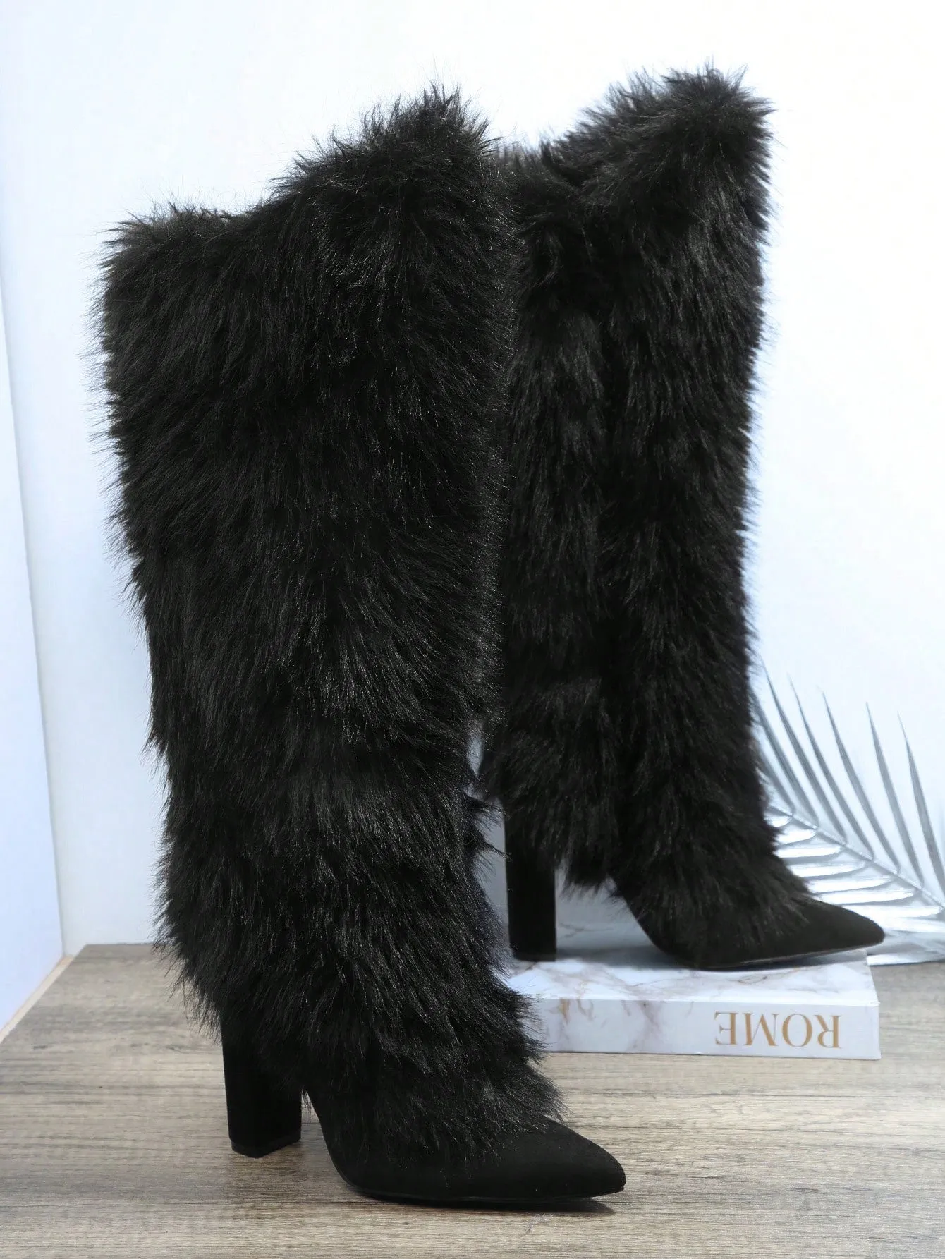 Faux Fur Point Toe Chunky Heeled Boots