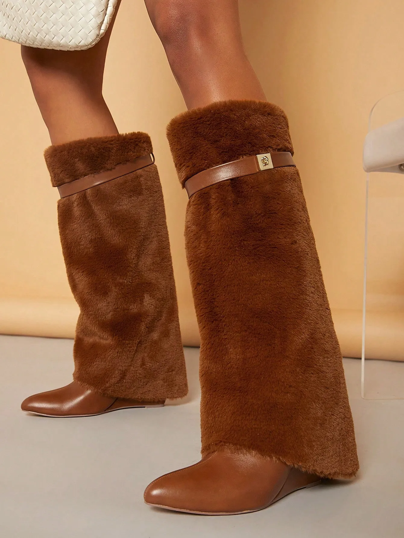 Faux Fur PU Leather Slip On Heeled Boots