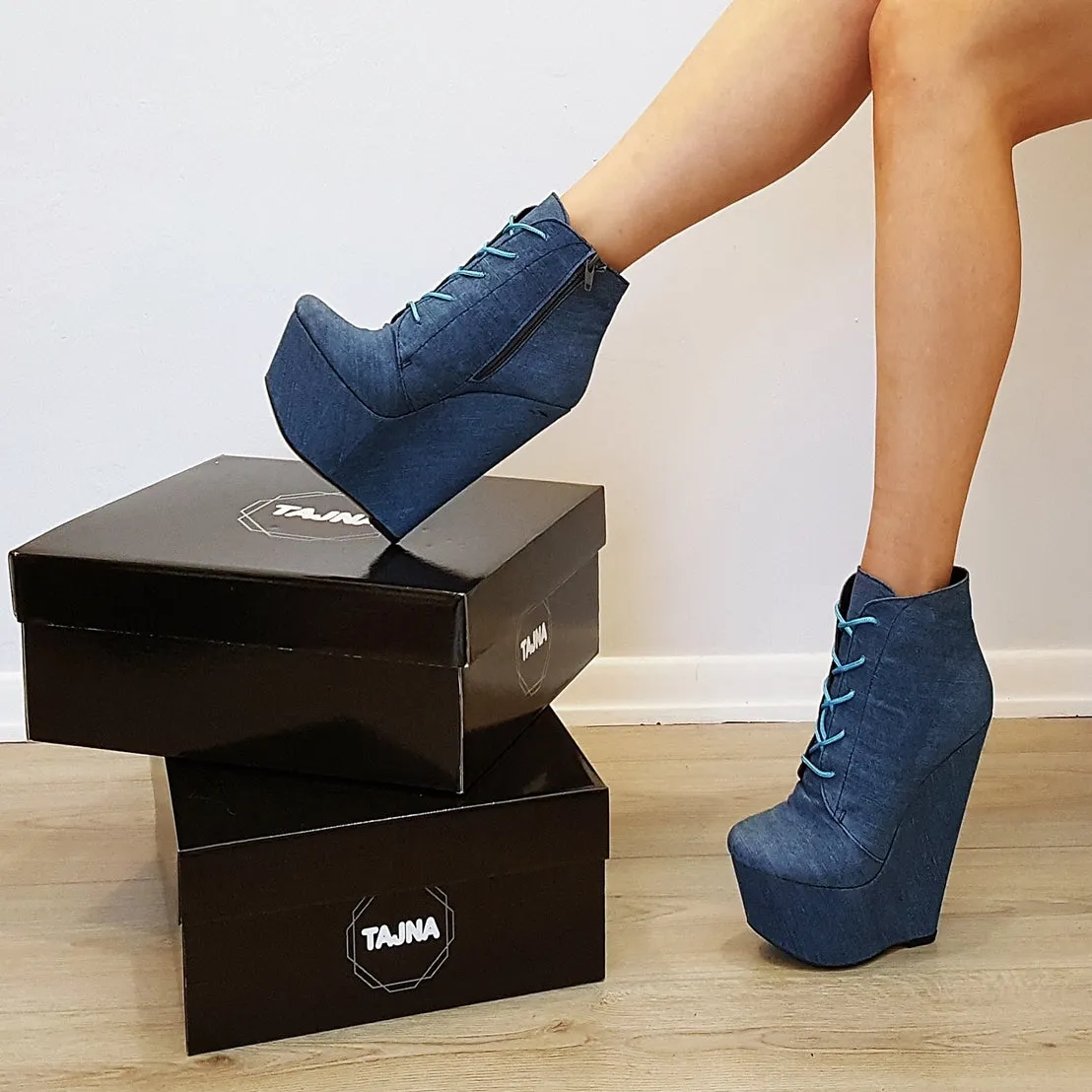 Jean Denim Lace Up Ankle Wedge Booties