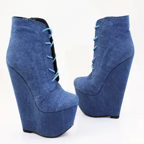 Jean Denim Lace Up Ankle Wedge Booties