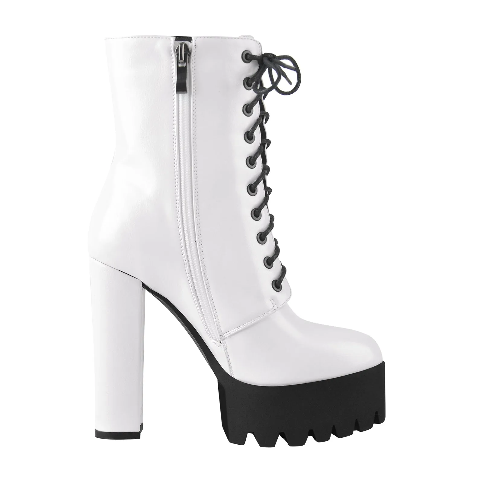 Lace Up White Platform Chunky Heels Zipper Boots