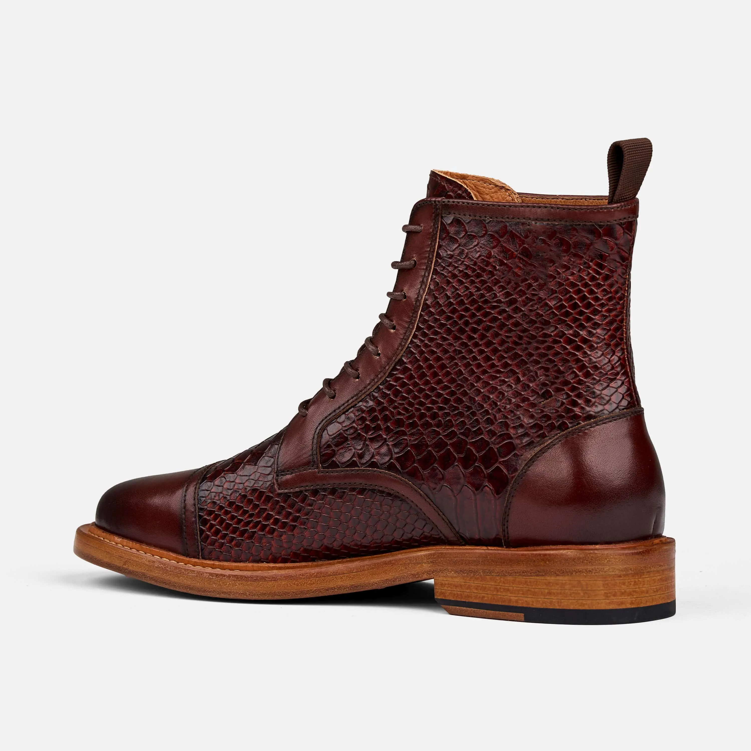 Lincoln Mahogany Snakeskin Leather Cap Toe Boots