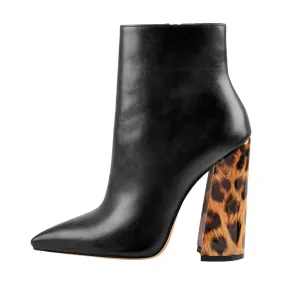 Matte Leather Pointed Toe Leopard Block Heels Ankle Boots