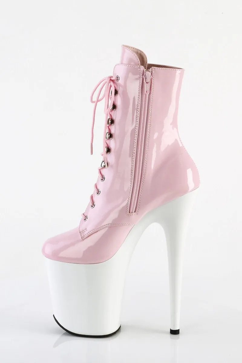 Pleaser USA Flamingo-1020 8inch Pleaser Boots - Patent Baby Pink/White