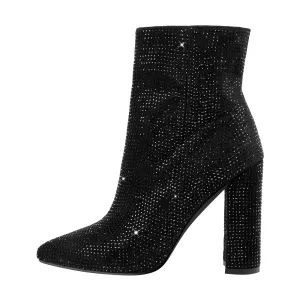 Pointed Toe Rhinestone Chunky Heel Ankle Boots