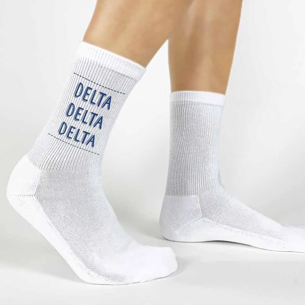 Tri Delta Crew Socks with Delta Delta Delta Name in Sorority Colors