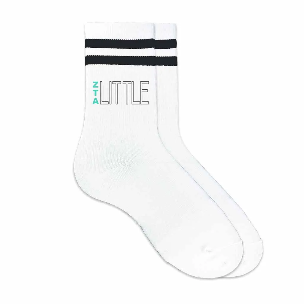 Zeta Tau Alpha Sorority Socks for your Big and Little with Greek Letters on Striped Cotton Crew Socks